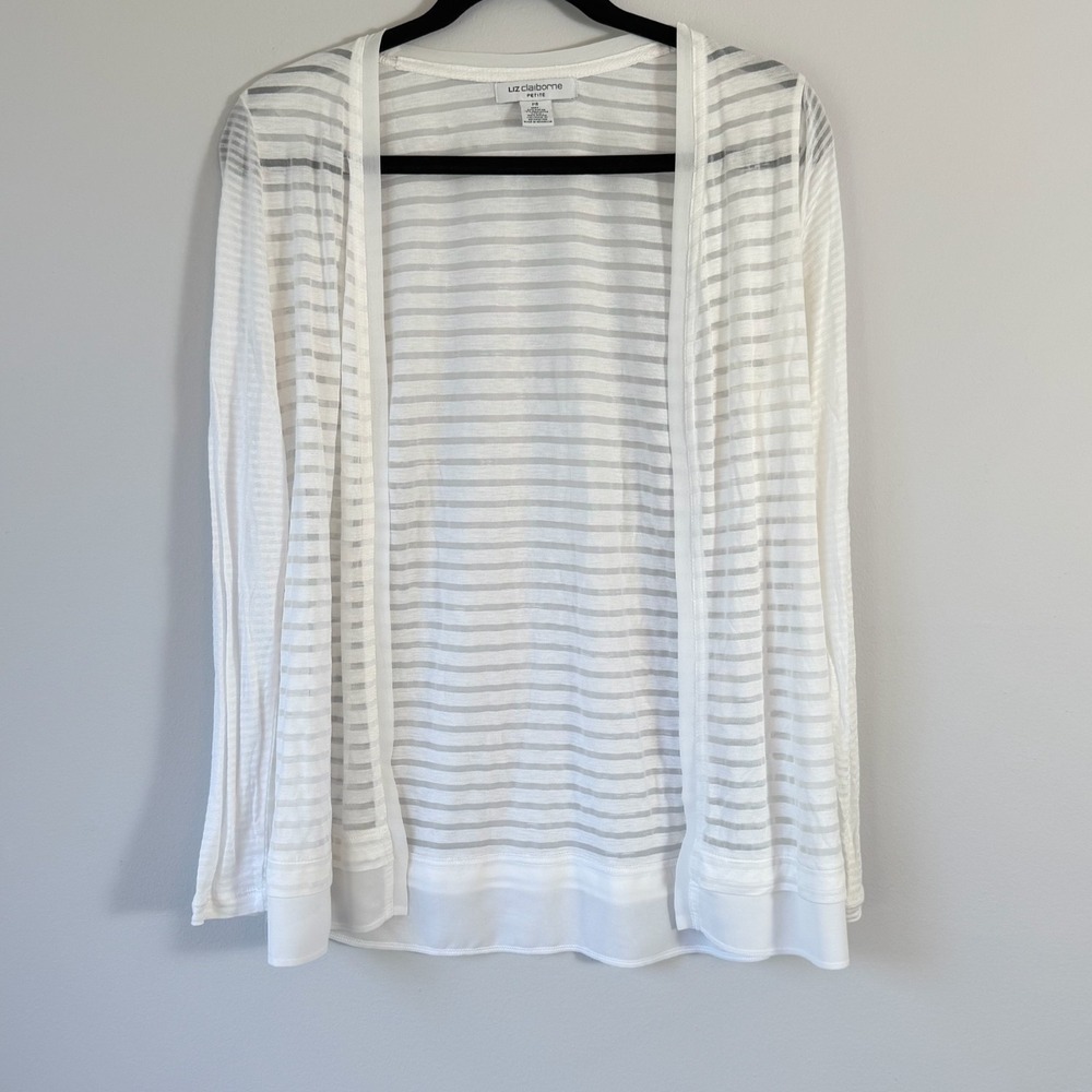 Liz Claiborne Petite Sheer White Stripe Cardigan Womens PS Lightweight Open Fron